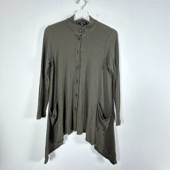 Comfy USA Womens Green & Black Striped Long Sleeve Button Front Shirt Top Medium - Picture 1 of 8
